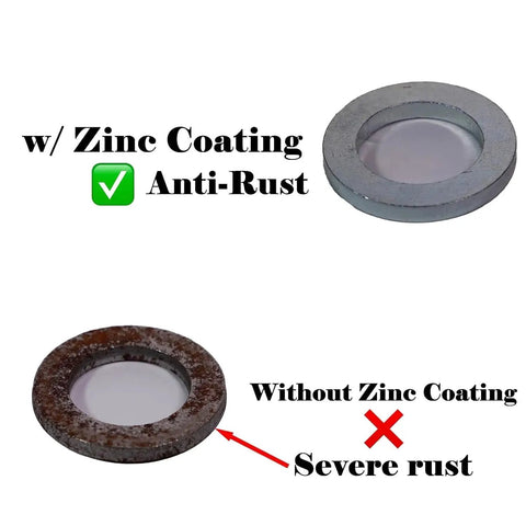 Comparison of zinc-coated and non-coated metal spacer; top spacer is anti-rust with zinc; bottom shows severe rust without zinc coating.