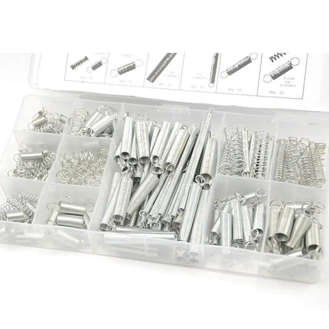 DIY Friendly 200 Piece Zinc Plated Steel Coil Spring Wire Set in open box with 20 sizes for extension and compression springs