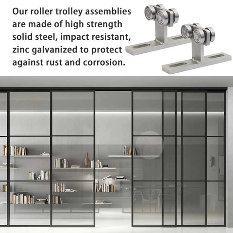 Heavy Duty Electric Hoist Installation Roller Wheel Trolley Compatible With All Strut Channels 1-5/8 Inch Wide And 1-5/8 Inch Thick Or Taller, 2 Pack, Zinc Galvanized Solid Steel Construction For Reliable Lifting displayed in a modern setting.