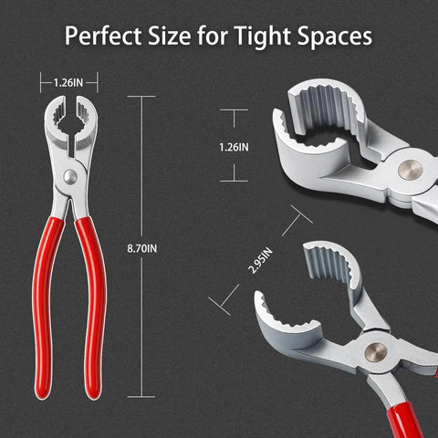 THP-1 Washer Hose Pliers Zinc Alloy Hose Clamp Tool with red handle shown in size illustration, perfect for tight spaces.