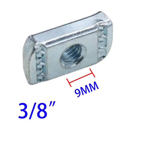 Thickened 3/8-16 strut channel nut with zinc plating, showing no-spring design and 9mm dimension for secure installation.