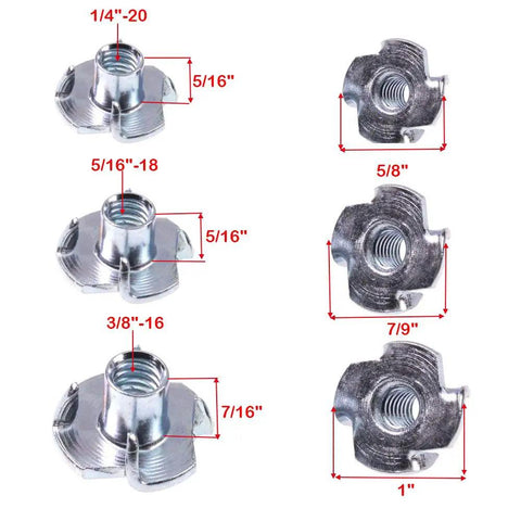 4 Pronged T Nuts Assortment Kit 1/4-20 5/16-18 3/8-16 Zinc Plated Steel Tap In T Nuts For Rock Climbing Holds Wood Cabinetry