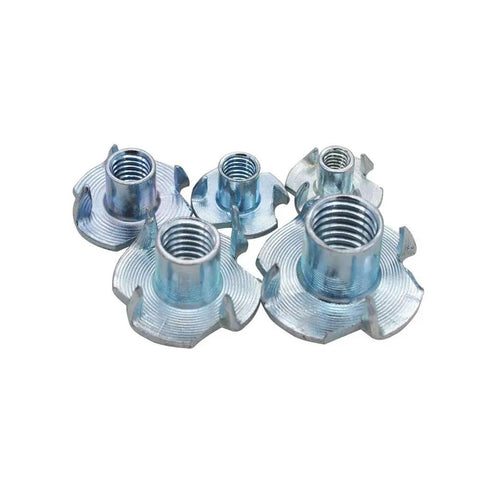 Front view of 4 Pronged T Nuts Assortment Kit 1/4-20 5/16-18 3/8-16 Zinc Plated Steel Tap In T Nuts for various uses.