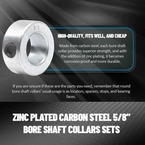 Eight-pack zinc plated carbon steel screw style shaft collars with 5/8 bore secure and locate components on rotating shafts