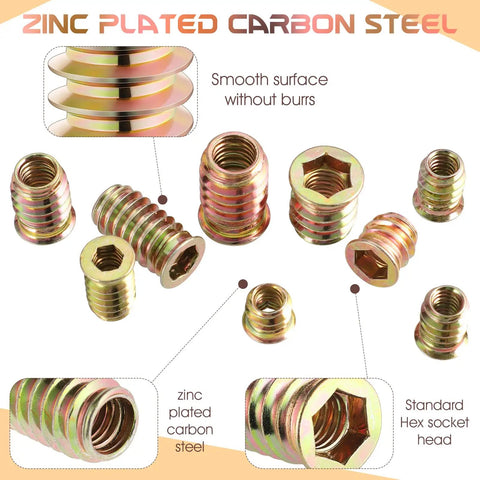 Zinc plated carbon steel inserts for wood, featuring smooth surface without burrs, from Wood Threaded Inserts Kit With Hex Wrench.