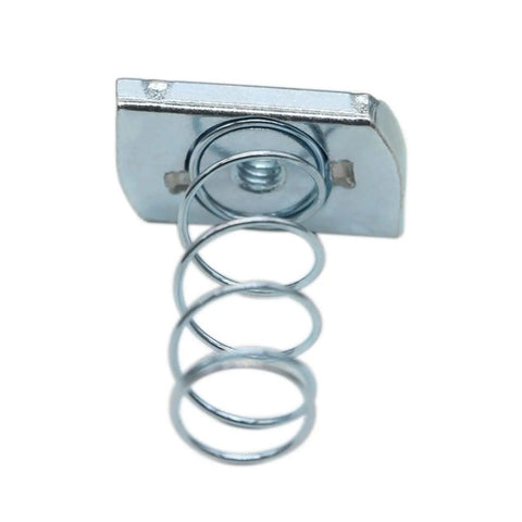 Zinc plated 1/4-20 strut channel nut with spring for fast, tool-free installation in slotted steel struts for pipes and HVAC