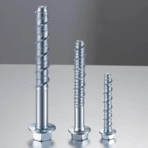 Three sizes of Wensilon 3/8" x 4" Zinc Plated Large Diameter Concrete Screw for Anchoring to Masonry, Brick, or Block.