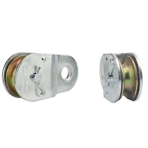 Zinc Plated Fixed Single Pulley Fixed Eye Steel Pulley 1-1/2" (2 Pack) showing side and front view