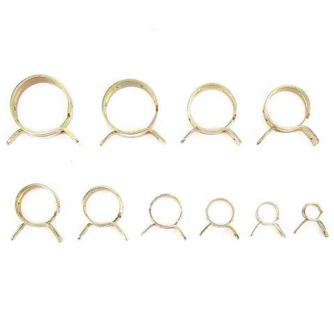 Zinc Plated Fuel Hose Clamp Kit 6 To 22 Millimeter Elastic Spring Hose Clamps for fuel lines and pipe connections shown from above.