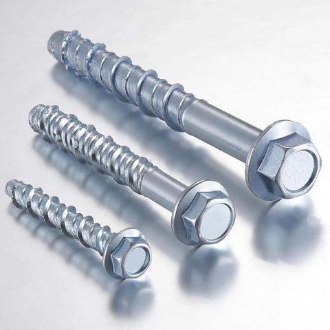 Three sizes of Wensilon 3/8" x 4" zinc plated large diameter concrete screws for anchoring to masonry, brick, or block (30 pcs) on white background.