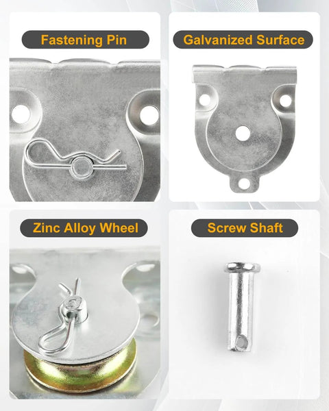 Close-up of components from 12 Pcs Wall Mount Pulley, 1-1/2" Ceiling Mount Pulley Fit 3/8" Wire Rope, Zinc Plated Removable Small Pulleys with Load 420 Lbs for Lifting.