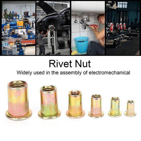 160 Piece Pull Rivet Nut Set, Zinc Plated Carbon Steel Nutserts Kit, Mixed Sizes M3 to M10 displayed with usage examples