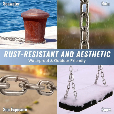 Collage showing Proof Coil Chain in various conditions: seawater, rain, sun, and snow, highlighting rust-resistance and aesthetics.