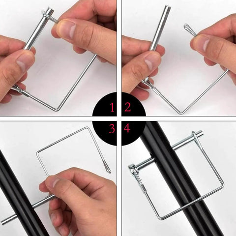4 Pack Zinc Plated One Quarter Inch Safety Hitch Pins being installed, showing the secure fit and rust resistant carbon steel material.