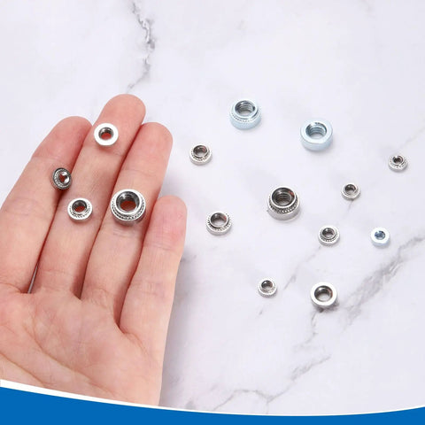 Self Clinching Nuts 200 Piece Set With One Quarter Twenty UNC Thread Zinc Plated Carbon Steel Rivet Nuts on hand display