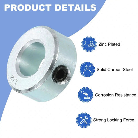 Sixteen Piece Set Screw Shaft Collars For One Half Inch Bore And One Inch Outside Diameter Seven Sixteenth Inch Thick Zinc Plated Carbon Steel