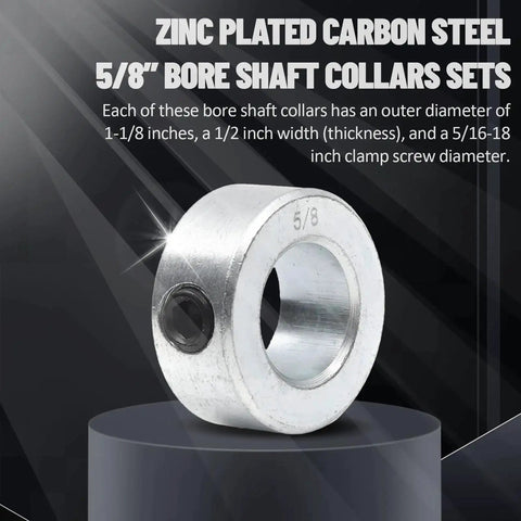 Eight-pack zinc plated carbon steel screw style shaft collars with 5/8 bore on display, showing 1-1/8 OD, 1/2 width, 5/16-18 clamp screw.