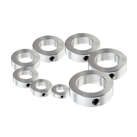 Heavy Duty Zinc Plated Set Screw Shaft Collars With Three Quarters Inch Bore And One And One Quarter Inch Outer Diameter Four Piece Pack Includes Five Sixteenths Inch By One Quarter Inch Set Screws Carbon Steel For Lawn Tractors And Garage Doors, showing various sizes.