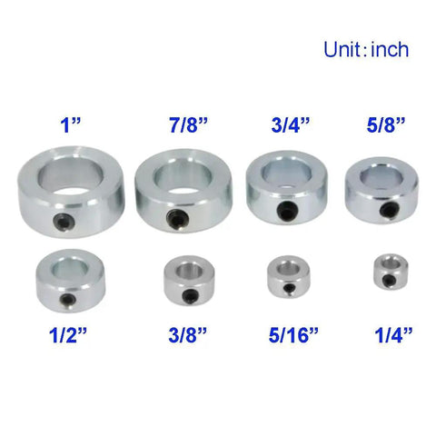 Assorted zinc plated steel shaft collars in various sizes for industrial use, durable and secure, vibration-resistant design for machinery.