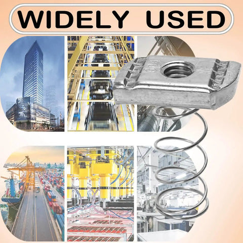 Zinc-plated spring strut channel nut for 1/4-20 and 3/8-16 channels; shown in various industrial settings for mounting use.
