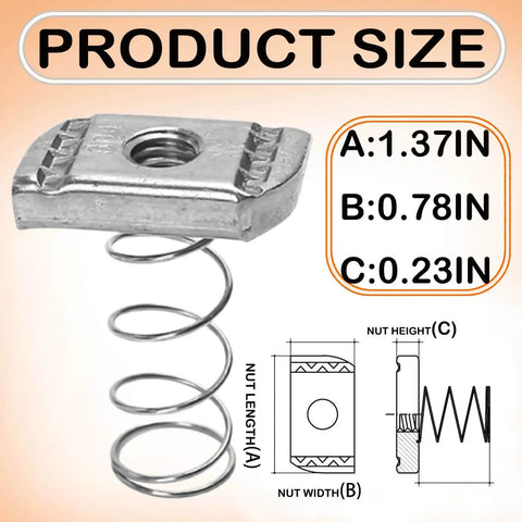 Zinc-plated spring strut channel nut with dimensions; fast, vibration-resistant mounting for 1/4-20 and 3/8-16 channels.
