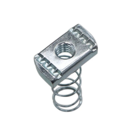 Durable zinc-plated 3/8-16 strut channel nut with spring, corrosion-resistant for Unistruts, shown in close-up view.