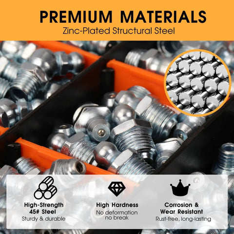 One-Stop 240-Piece Grease Fittings Set For SAE And Metric Zerk Nipples with zinc-coated steel material display.