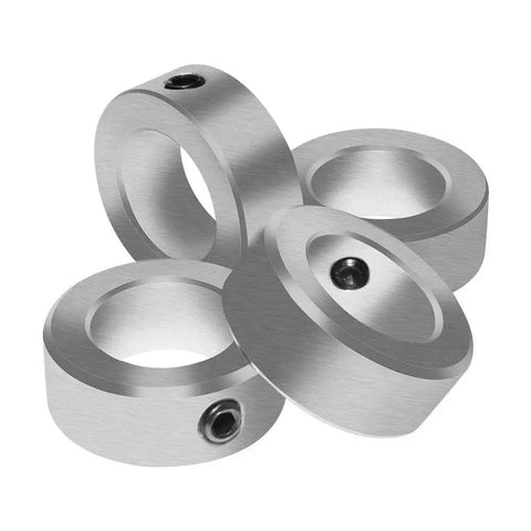 Half Inch Bore Solid Steel Shaft Collar Set With Zinc Plating, Four Pack, One Inch Outer Diameter, Seven Sixteenths Inch Wide, Includes Set Screw.