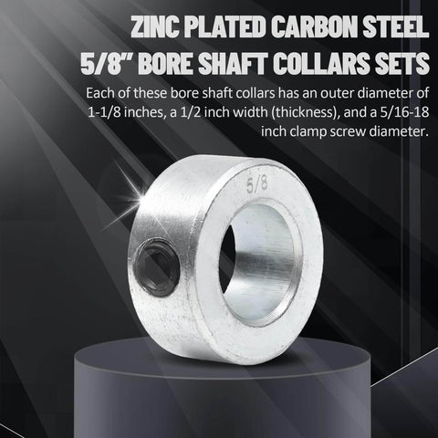 (4-Pack) Zinc Plated Carbon Steel 5/8" Bore Shaft Collars Sets displayed with detailed dimensions.