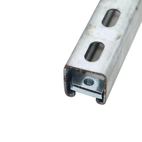 Thickened 3/8-16 strut channel nuts with zinc plating visible in slotted channel, tool-free mounting for pipes, cables, and boxes.