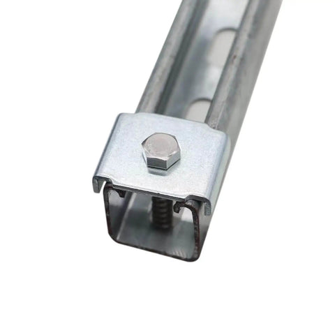 Durable zinc plated carbon steel strut channel washer provides rust resistant, secure support for Unistrut brackets, extending life and simplifying assembly with a three eighths inch bolt fit for one and five eighths inch channels, shown installed on a channel.