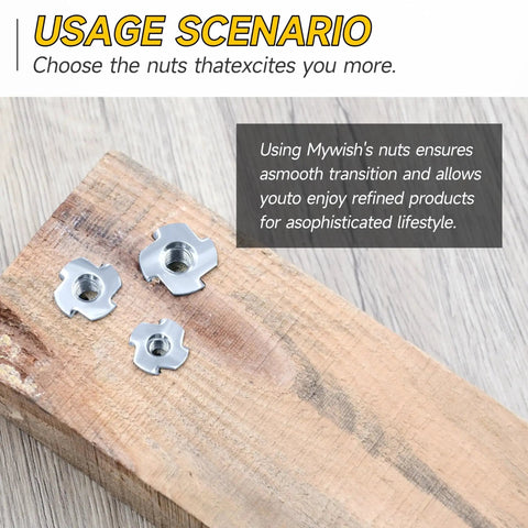 50 Pack Three Eighths Sixteen Four Jaw Tee Nuts For Bolts And Stem Casters Zinc Plated Steel Threaded Inserts displayed on wood