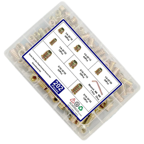 200-Piece Zinc Plated Wood Threaded Insert Kit With 1/4-20 And 5/16-18 Hex Drive Nut Inserts in storage box