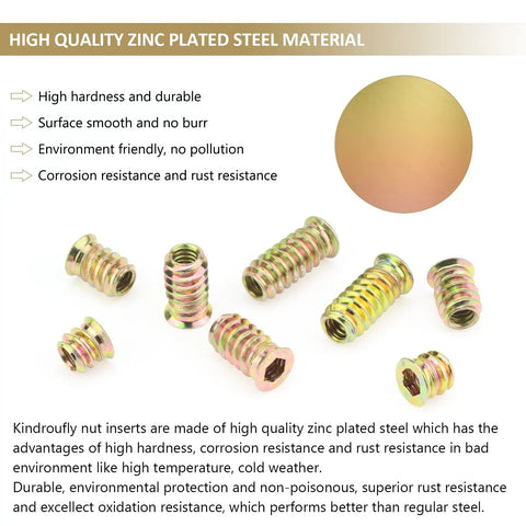 One Quarter Inch Twenty Threaded Inserts For Wood Furniture 31 Piece Set Zinc Plated Carbon Steel Nut Inserts With Hex Wrench 25mm Length Compatible With Standard One Quarter Inch Twenty Screws Bolts showing high quality zinc plated steel material and corrosion resistance features.