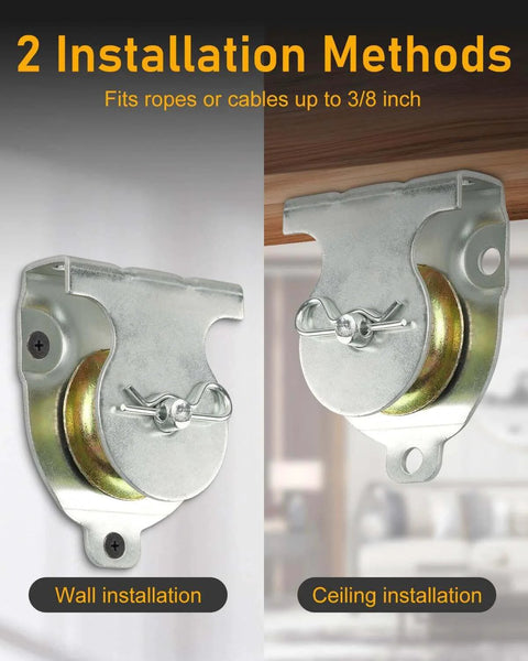 12 Pcs Wall Mount Pulley, 1-1/2" Ceiling Mount Pulley Fit 3/8" Wire Rope, Zinc Plated Removable Small Pulleys with Load 420 Lbs for Lifting, shown with wall and ceiling installation methods.