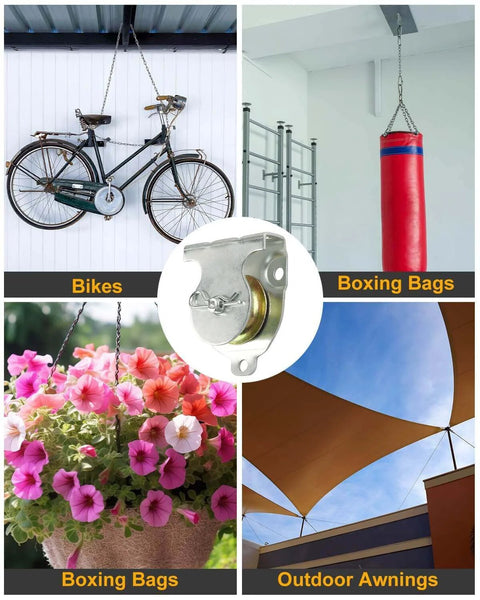 12 Pcs Wall Mount Pulley, 1-1/2" Ceiling Mount Pulley Fit 3/8" Wire Rope, shown installed with bicycle, boxing bag, flowers, and awning