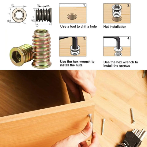 200-Piece Zinc Plated Wood Threaded Insert Kit With 1/4-20 And 5/16-18 Hex Drive Nut Inserts shown with installation guide.