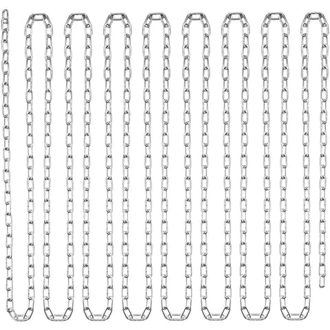 Proof Coil Chain, 1/8" x 100', 330 lbs safe working load, zinc plated, proof tested with two quick links, galvanized carbon steel, laid out flat.