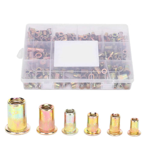 300 Piece Blind Rivet Nut Set In Plated Zinc Steel For Metal Plates And Pipes Multiple Sizes Durable Fastening Kit For DIY Projects Automotive And Industrial Applications in a clear plastic case with six distinct nut sizes displayed