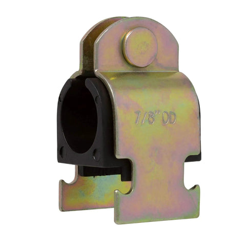 Durable zinc plated steel strut clamp with a soft rubber cushion protects copper piping, PEX, and CVPC tubing, front view