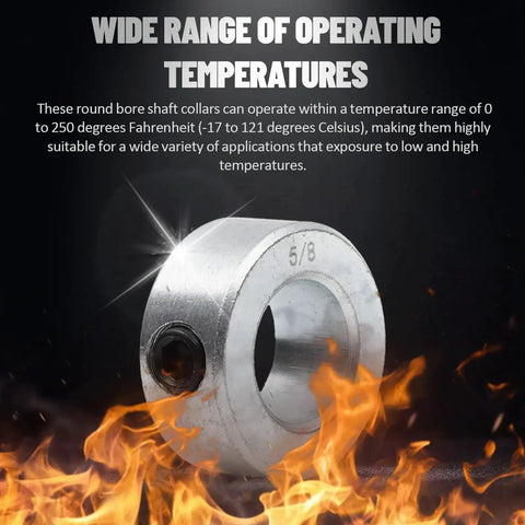 Image of zinc-plated carbon steel shaft collar with 5/8 bore suitable for high temperatures. Text highlights operating temperature range.