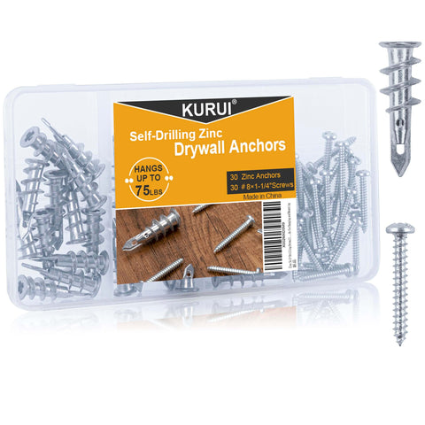 #8 Zinc Self-Drilling Drywall Anchors and Screws Kit, 60-Piece Set, packaging showing 30 heavy duty hollow anchors and screws