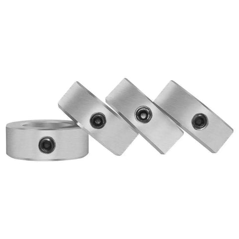 Four industrial zinc plated shaft collars with beefy heavy duty set screws for 7/8 inch bore, shown from side view