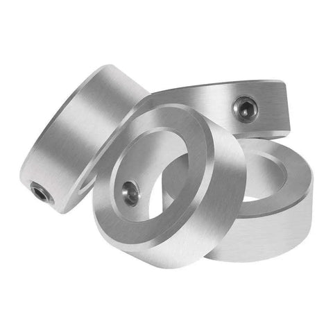 7/8 bore zinc plated shaft collars with set screws in a 4 pack secure parts on shafts for reliable positioning in conveyors and machinery.