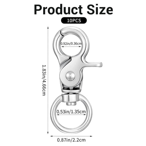 Zinc Alloy Swivel Snap Hooks 1.83 Inch By 0.87 Inch Heavy Duty Lobster Clasps in 10 Pack, shown with product dimensions.