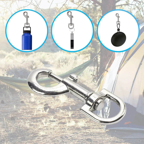 Close-up of a 12 Pcs Trigger Clips Clasp 5 Cm Zinc Alloy Swivel Eye Snap Clip Hook for Dog Leash, nickel-plated, with camping background.