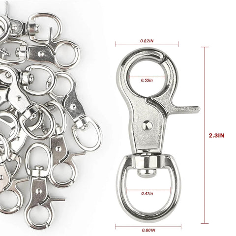 30 Piece Trigger Snap Hooks Set With 360 Degree Swivel Lobster Clasps Heavy Duty Zinc Alloy Clips shown with dimensions