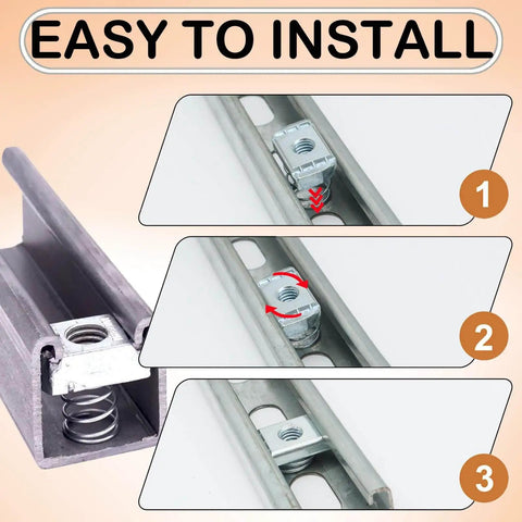 Zinc-plated spring strut channel nut delivers fast, vibration-resistant mounting for 1/4-20 and 3/8-16 channels, installation steps.