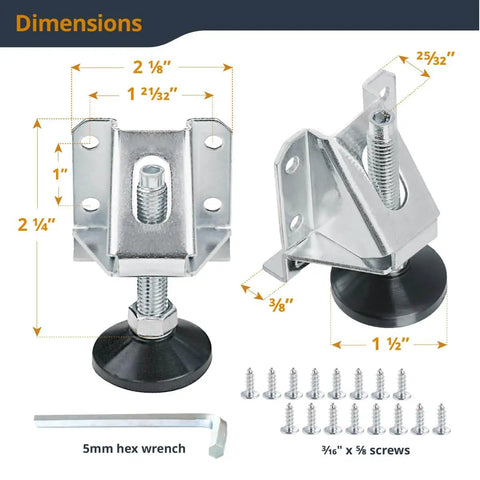 Heavy duty zinc plated steel furniture levelers with nylon feet and screws, adjustable height, install kit for tables and cabinets
