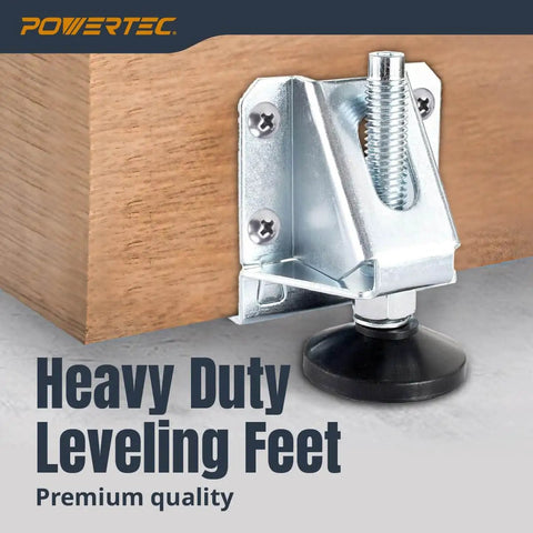 Heavy duty zinc plated steel furniture levelers with nylon feet and screws installed on wood surface